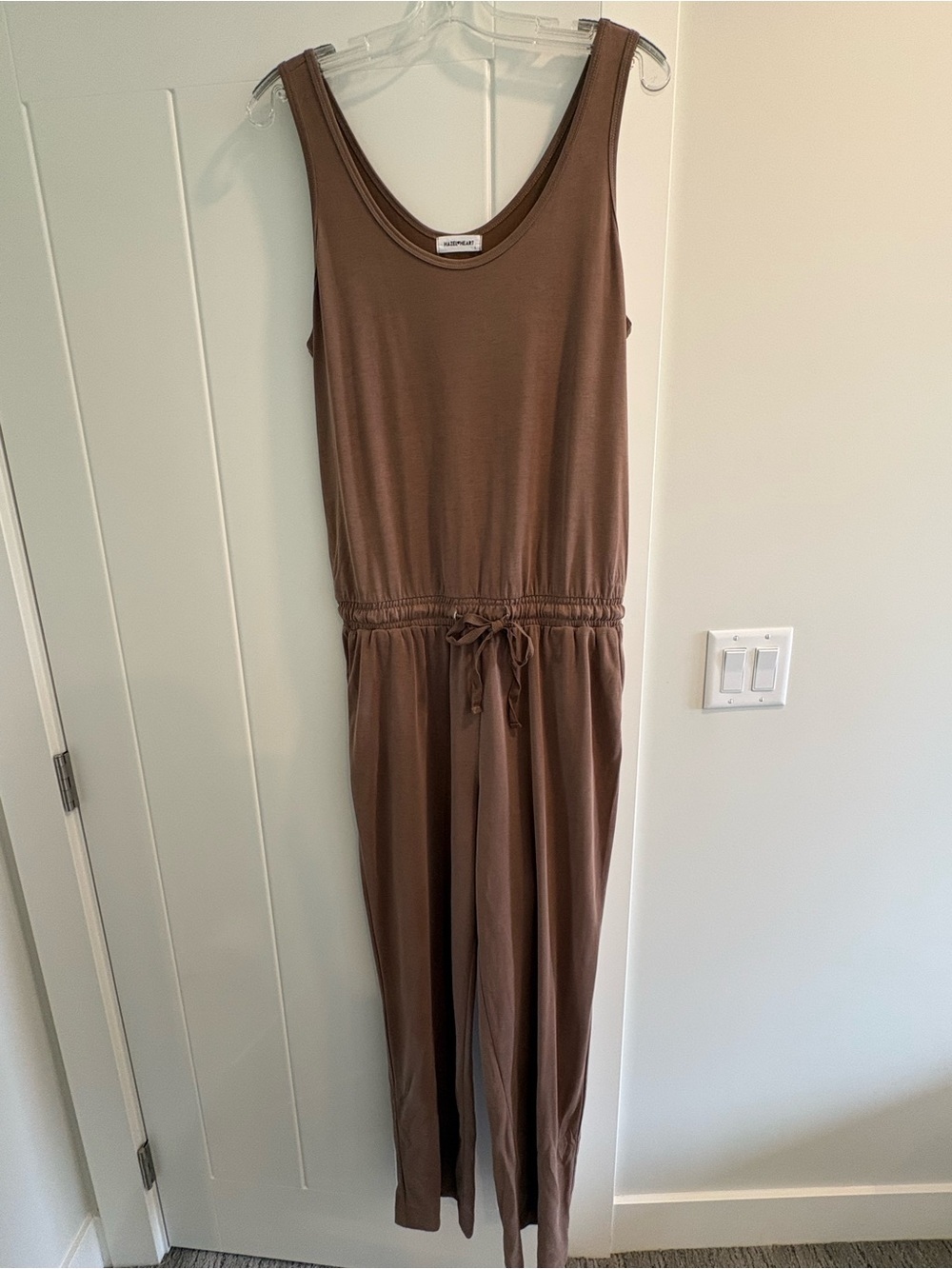 Hazel + Heart Espresso Brown Sleeveless Knit Jumpsuit Drawstring Waist L